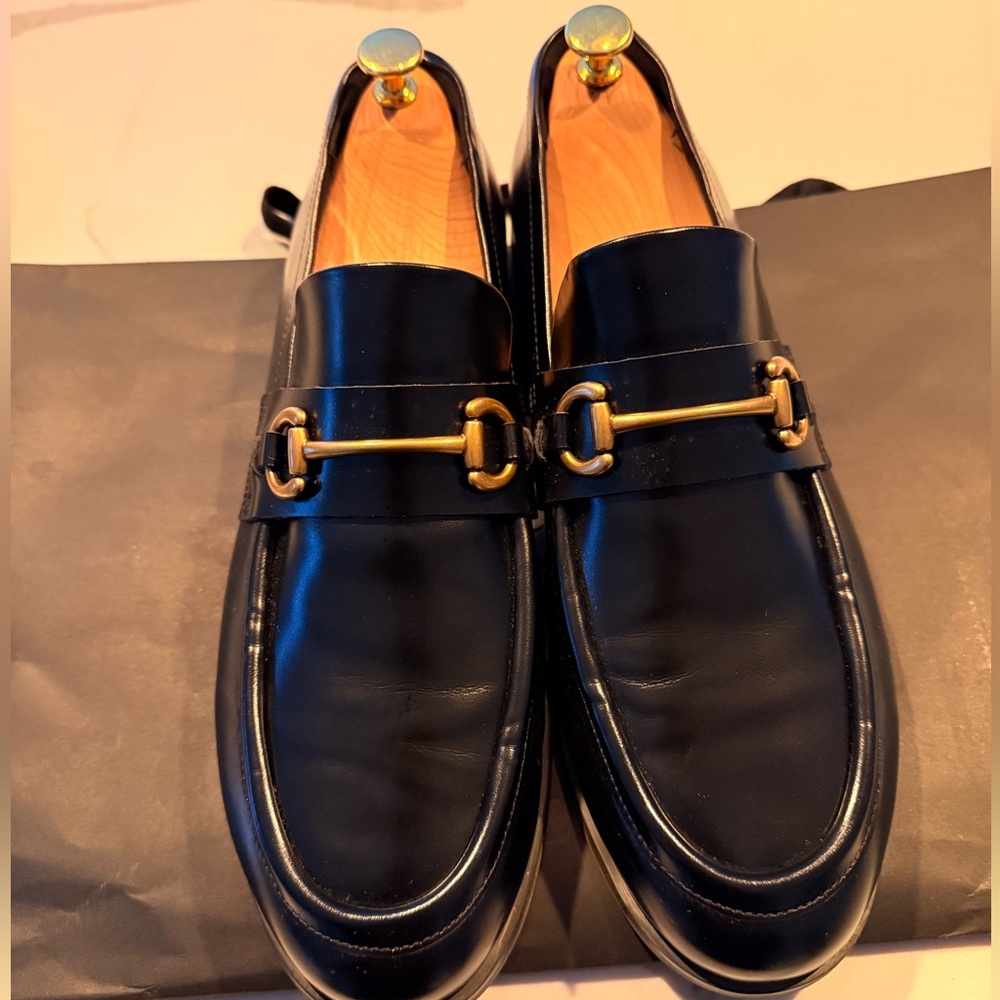 H&M Black Leather Loafers with Gold Horsebit Detail